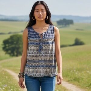 Boho Festival Southwestern Tassel Tank Lucky Brand Blue Tribal Print Top Women L